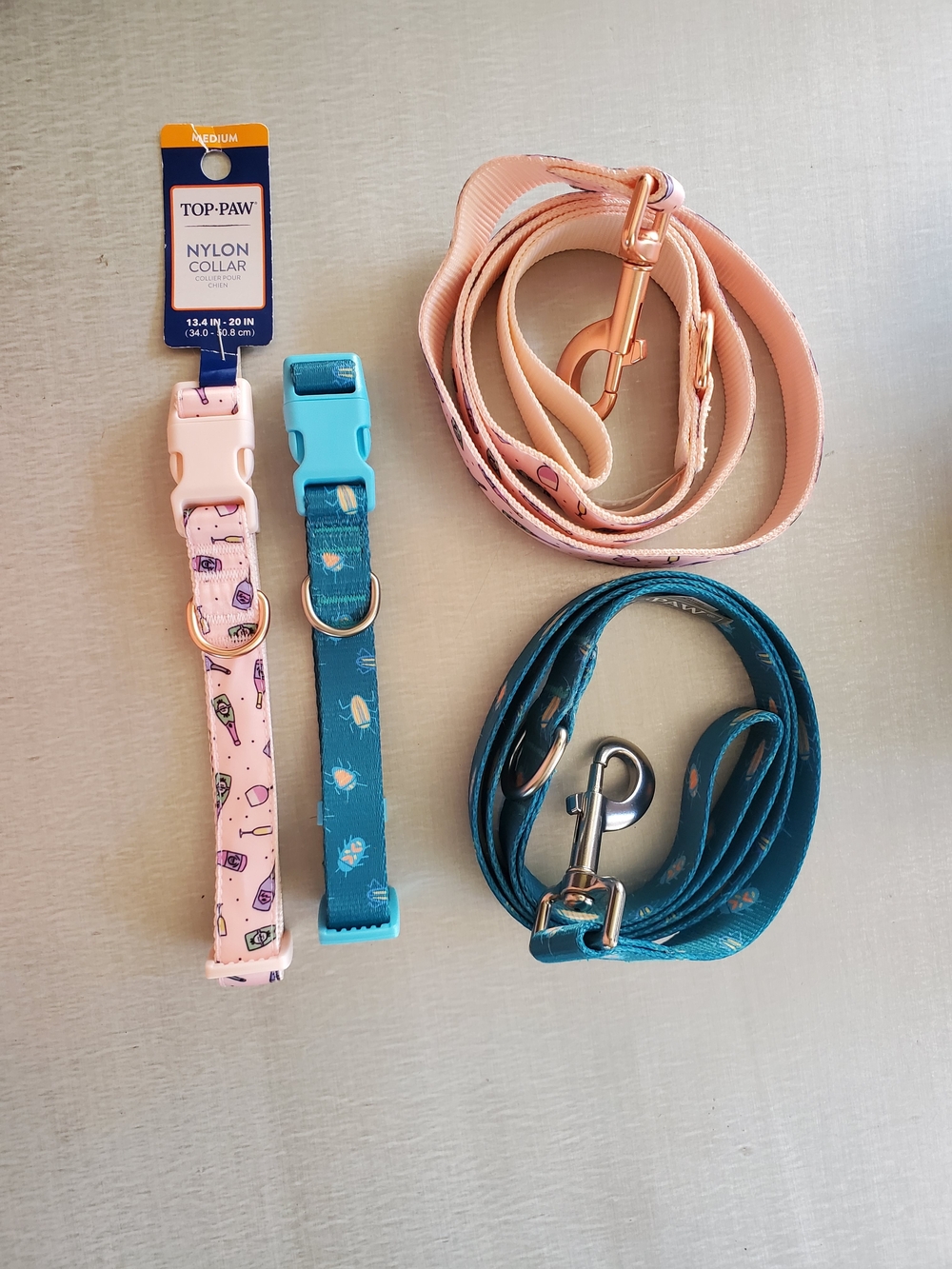 Top Paw Pink Champagne and Blue Bugs Nylon Collar and Leash Set - 2 Sets